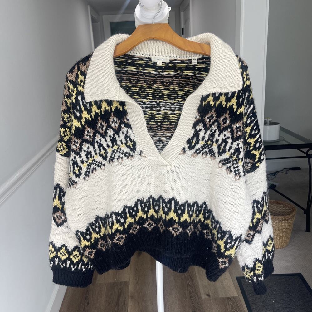 A.L.C Merino Wool Chunky Crop Sweater Collar Oversized Boxy Women L Fair Isle